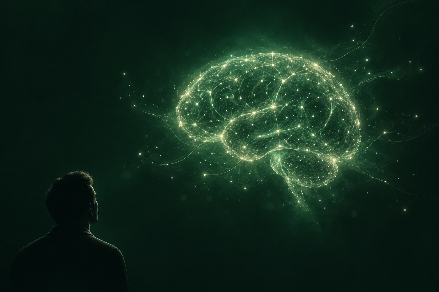 A silhouette looking toward a luminous green mind made of connected points of light